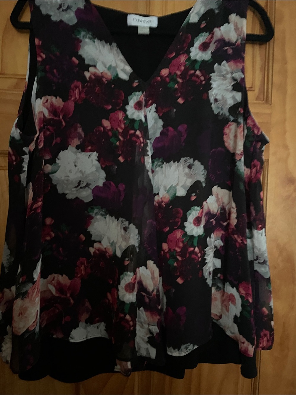 Calvin Klein Black Floral V-Neck Layered sleeveless blouse